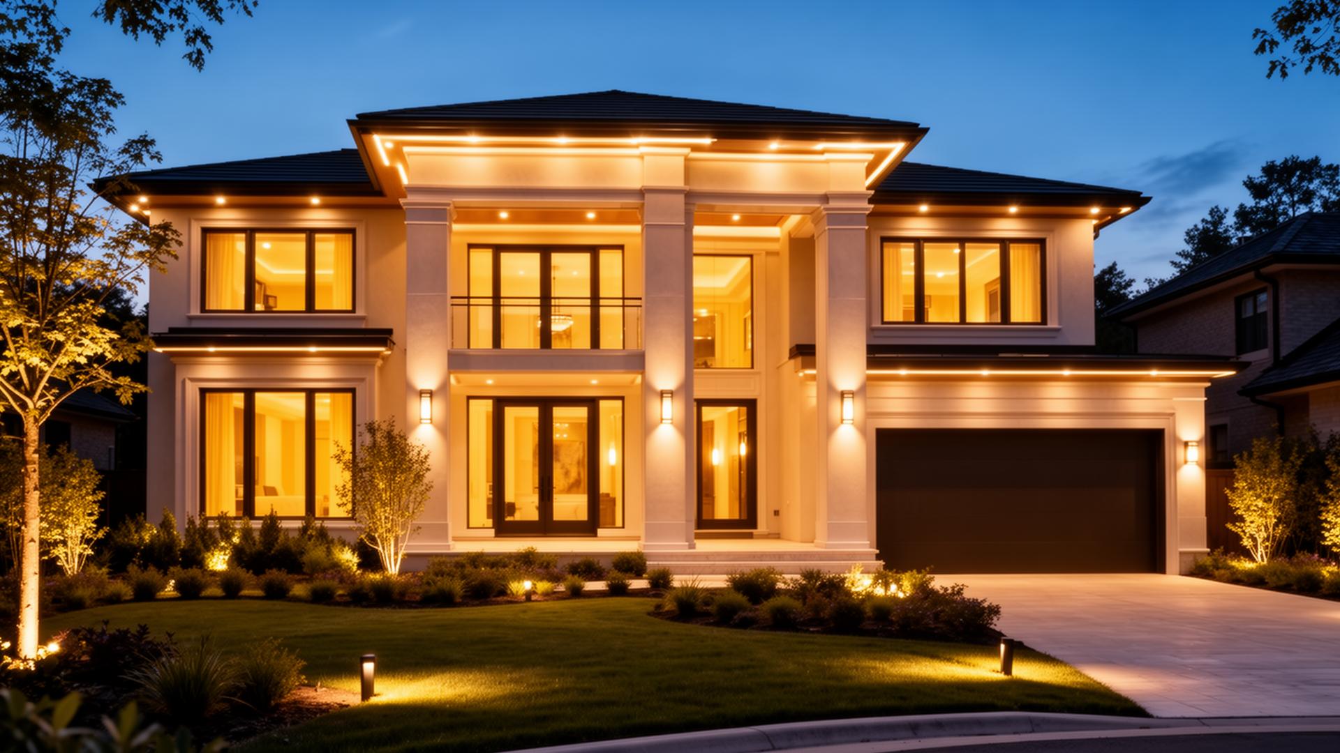 Beautifully illuminated modern home at dusk